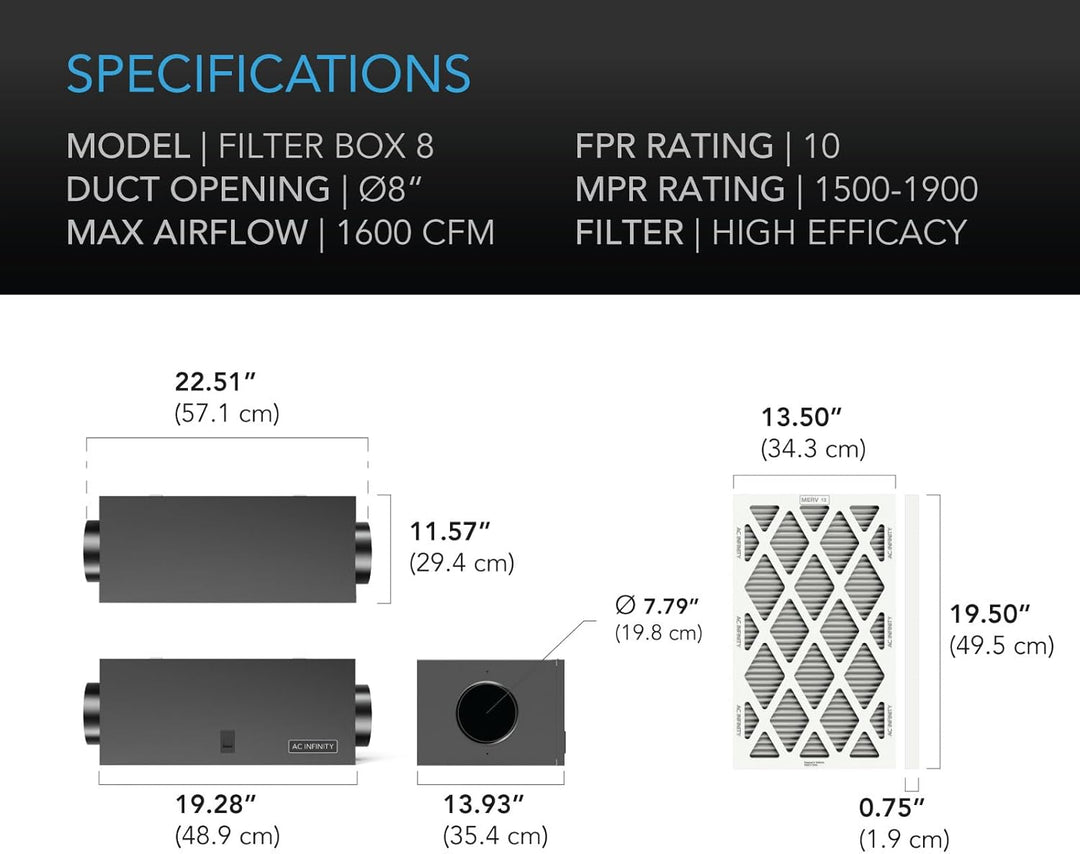 AC Infinity Inline-Filterbox, 200mm, mit hocheffizientem Filter, HVAC-Filter-Set, passend für 200mm