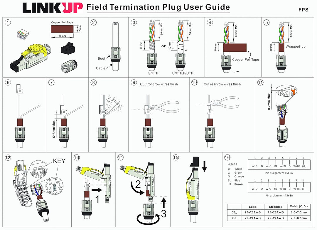 LINKUP - RJ45 Connectors Cat6A (6 Pack) Shielded Metal Die-Cast Field Modular Termination Plug | 10G