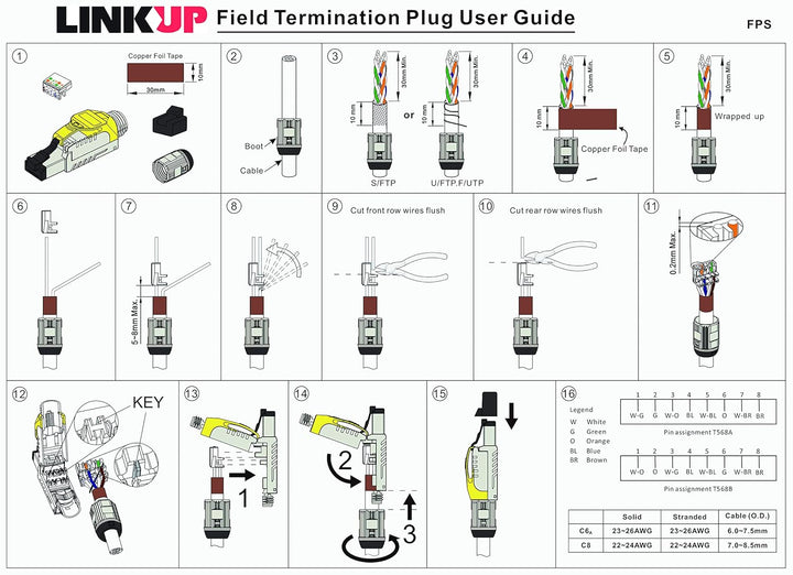 LINKUP - RJ45 Connectors Cat6A (6 Pack) Shielded Metal Die-Cast Field Modular Termination Plug | 10G