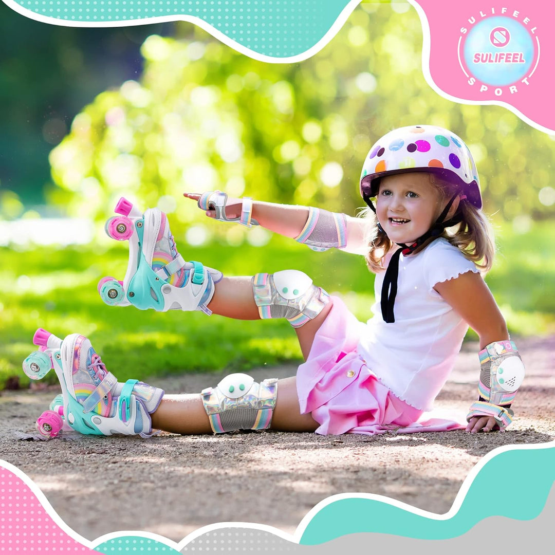 SULIFEEL Rainbow Unicorn Verstellbare Rollschuhe für Kinder mit Leuchtenden Rädern für Mädchen und J