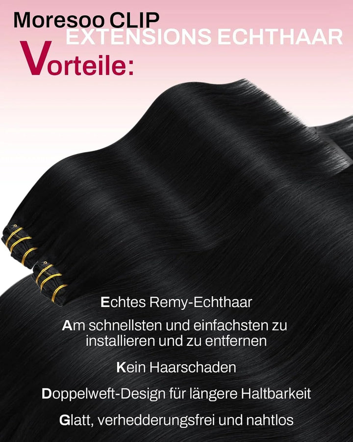 Moresoo Clip in Extensions Schwarz Remy Echthaar Extensions Clip in Haarverlängerung Doppelt Tressen