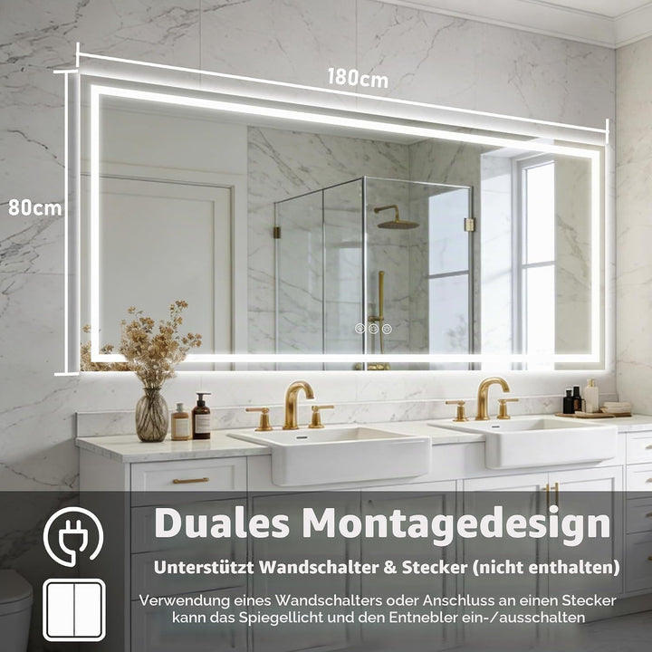 Badspiegel mit Beleuchtung LED, 80x180cm Spiegel mit Light, Wandspiegel mit Frontbeleuchtung, Antibe