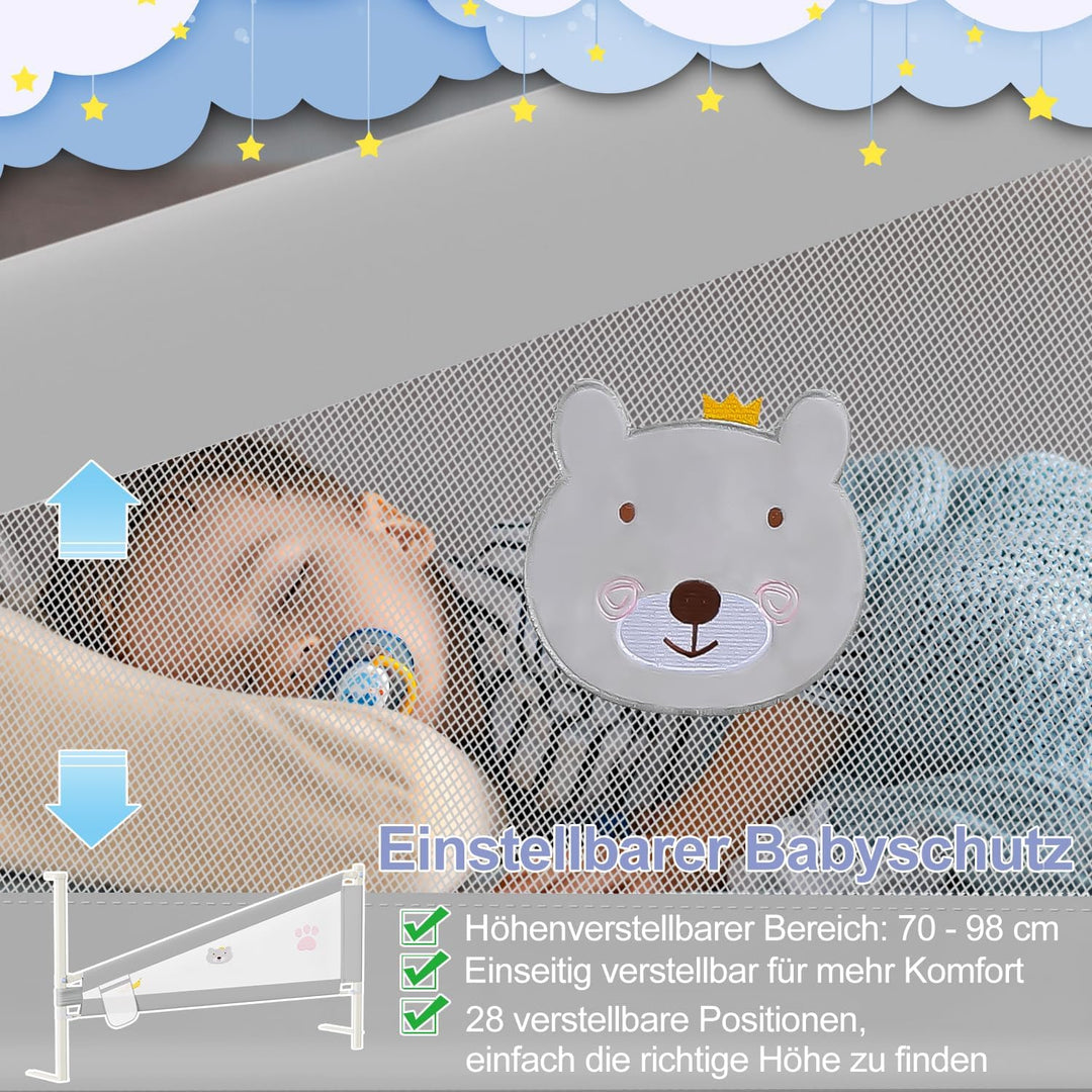 Bettgitter 180cm, Höhenverstellbar 70-98 cm Rausfallschutz Bett für Kinder Mit Muster, Babybettgitte