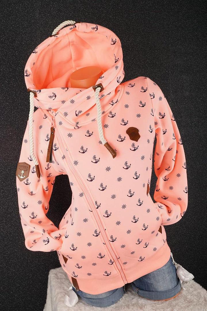 VIN TE Damen Sweat Jacke XXL Kapuze Hoodie Übergangsjacke Fleece gefüttert schräger Reissverschluss