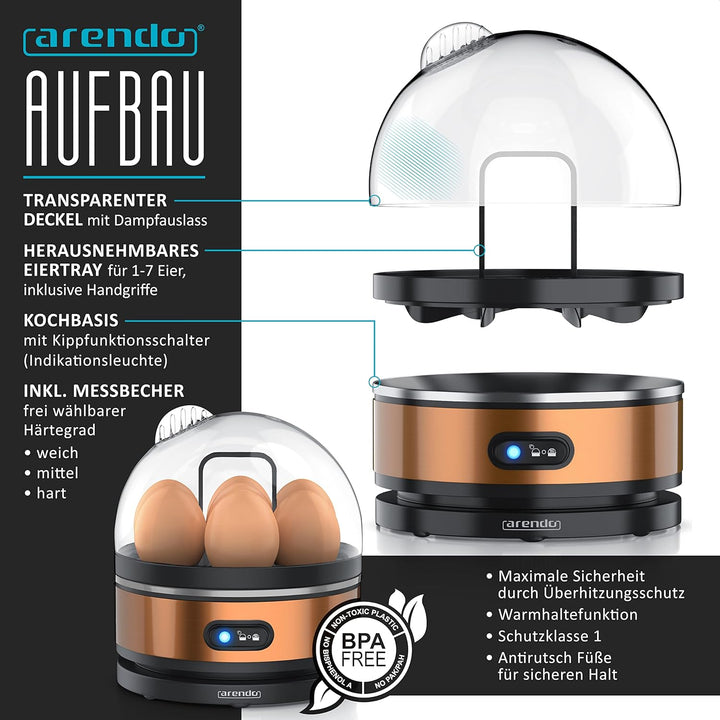 Arendo - SET Toaster FRUKOST mit Eierkocher SEVENCOOK Edelstahl Kupfer, Toaster 2 Scheiben, LED-Disp