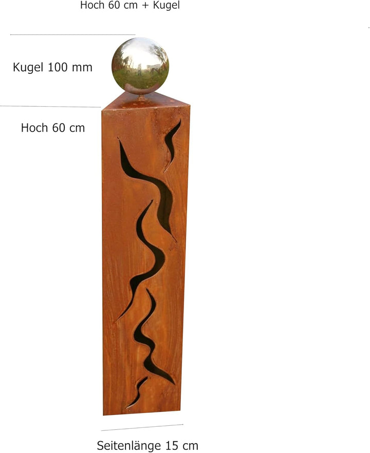 Gartendeko Rostsäulen 60cm mit Muster Edelstahlkugel