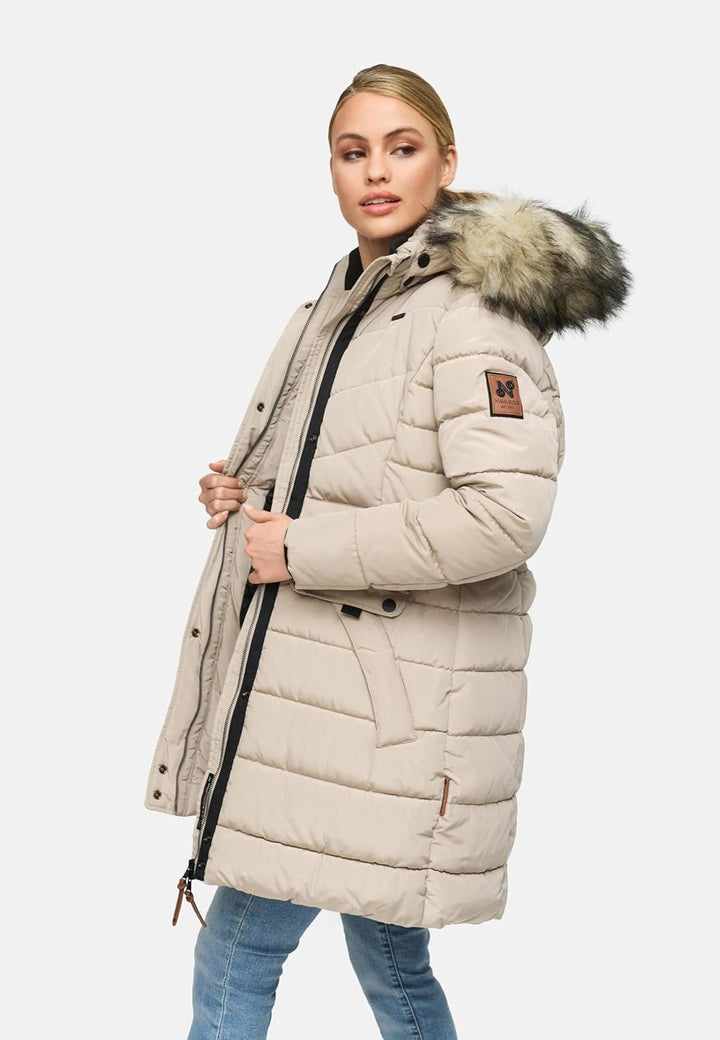 Navahoo Damen Wintermantel warmer Steppmantel lang mit abnehmbarer Kunstfell-Kapuze Paula XS-5XL S L