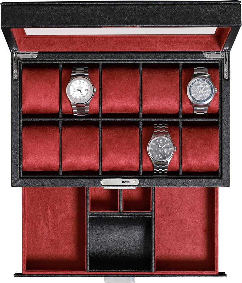 ROTHWELL Leder-Uhrenbox 10 Fächer mit Schublade, Luxus-Uhrenetui mit weichen Kissen, abschliessbarer