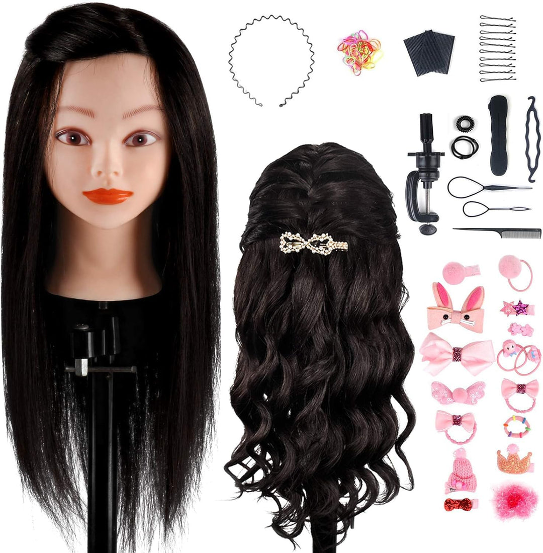 TwoWin 18" 45cm Trainingsköpfe 100% Echthaar Schwarz Kosmetologie Puppe Friseur Training Modell Mann