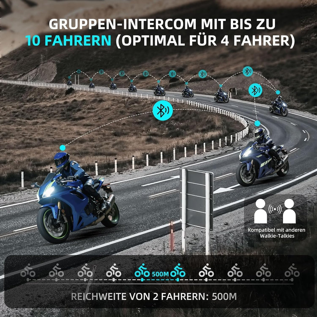 R18 Motorrad Headset with Intercom ，für 10 Personen und 2000 m Reichweite Kommunikationssystemmit, H