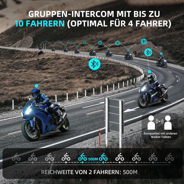 R18 Motorrad Headset with Intercom ，für 10 Personen und 2000 m Reichweite Kommunikationssystemmit, H