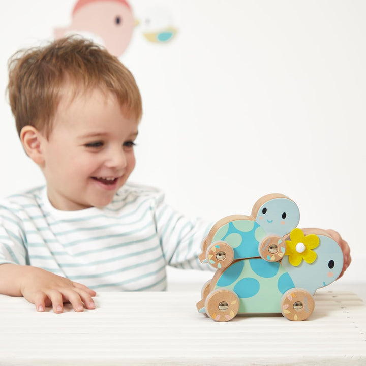 Janod J05148 Set aus 2 Holzschildkröten-Spielzeug zum Rollen-Geräuscharme Räder-Lernspielzeug-Förder