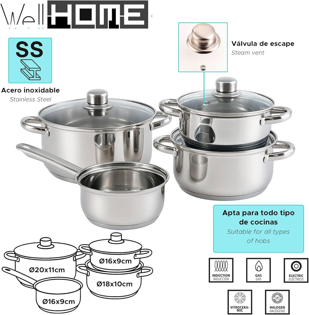 Well Home Kochgeschirr-Set, 7-teilig, aus Edelstahl, Ø 20 cm und Ø 24 x 5 cm, induktionsgeeignet, oh