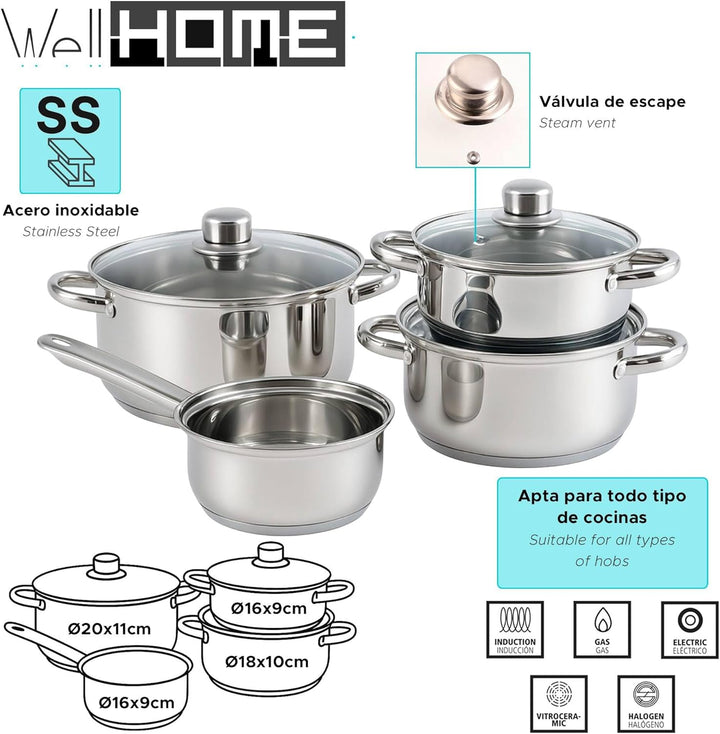 Well Home Kochgeschirr-Set, 7-teilig, aus Edelstahl, Ø 20 cm und Ø 24 x 5 cm, induktionsgeeignet, oh