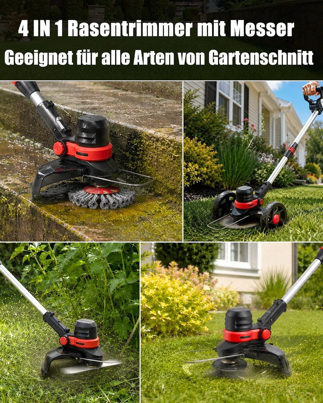 Akku Rasentrimmer für Makita 18V Akku, 4 in 1 BÜRSTENLOS Rasentrimmer mit Messer und Unkrautbürste,