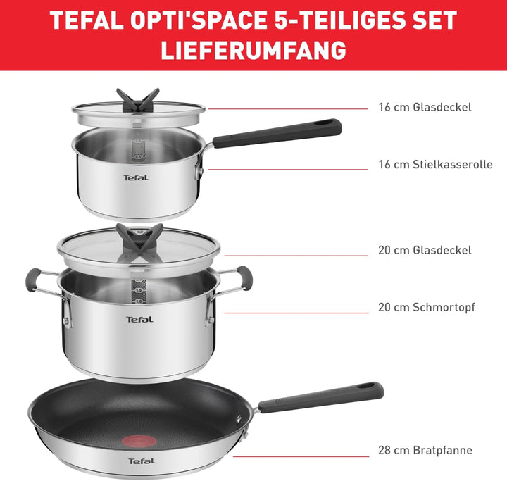 Tefal G737S5 Opti'Space Topf- & Pfannenset 5-teilig | Stielkasserolle 16 cm (inkl. Deckel) | Kochtop