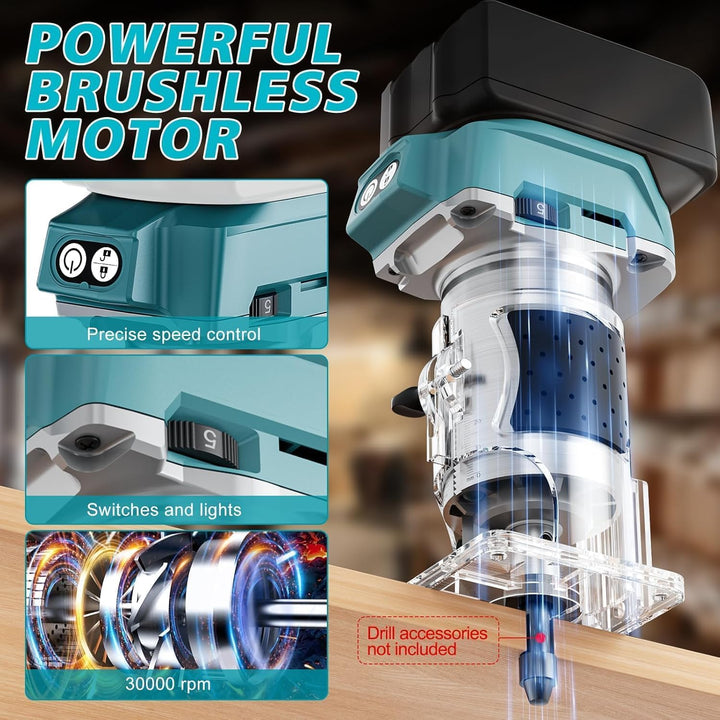 Akku Oberfräse kompatibel mit Makita 18V Akku, bürstenloser Motor,5 Geschwindigkeiten,800W 30000RPM,