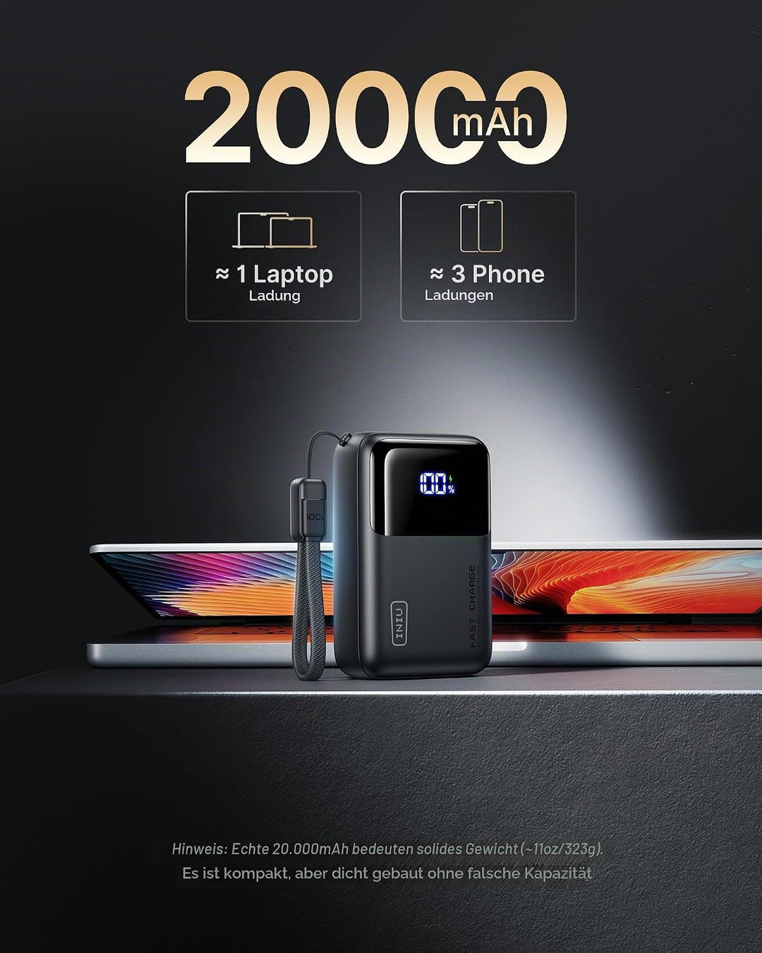 INIU Laptop Power Bank, Klein 65W PD3.0 20000mAh Hochkapazität Powerbank, USB-C EIN &amp; Ausgang Extern