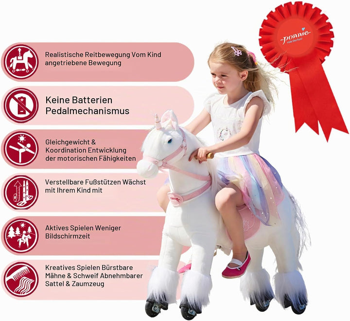 PONNIE Einhorn mit Rollen S (3-6 Jahre), Unicorn zum Reiten mit Abnehmbarer Rosa Sattel und Halfter