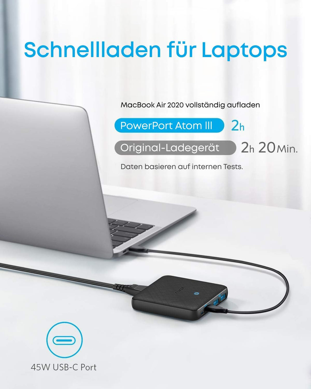 Anker USB-C Ladegerät, 543 (65W II) PIQ 3.0 & GaN 4-Port Netzteil, Dünnes Design, Zwei USB-C Anschlü
