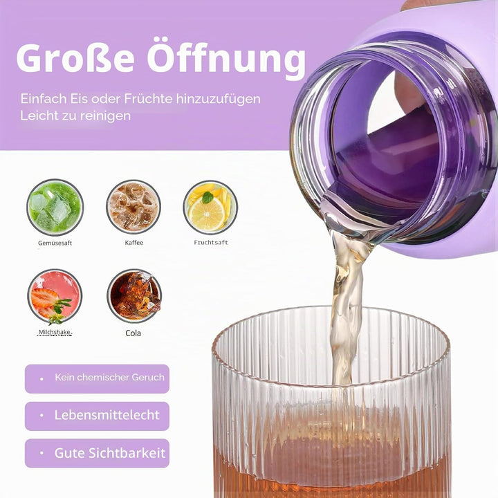 BLUEGO 700ml Trinkflasche Glas mit Strohhalm und Griff Auslaufsichere Wasserflasche mit Silikonhülle