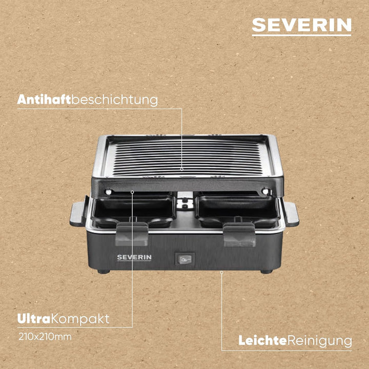 SEVERIN Mini Raclette-Grill, kleines Raclette mit antihaftbeschichteter Grillplatte und 4 Raclette P