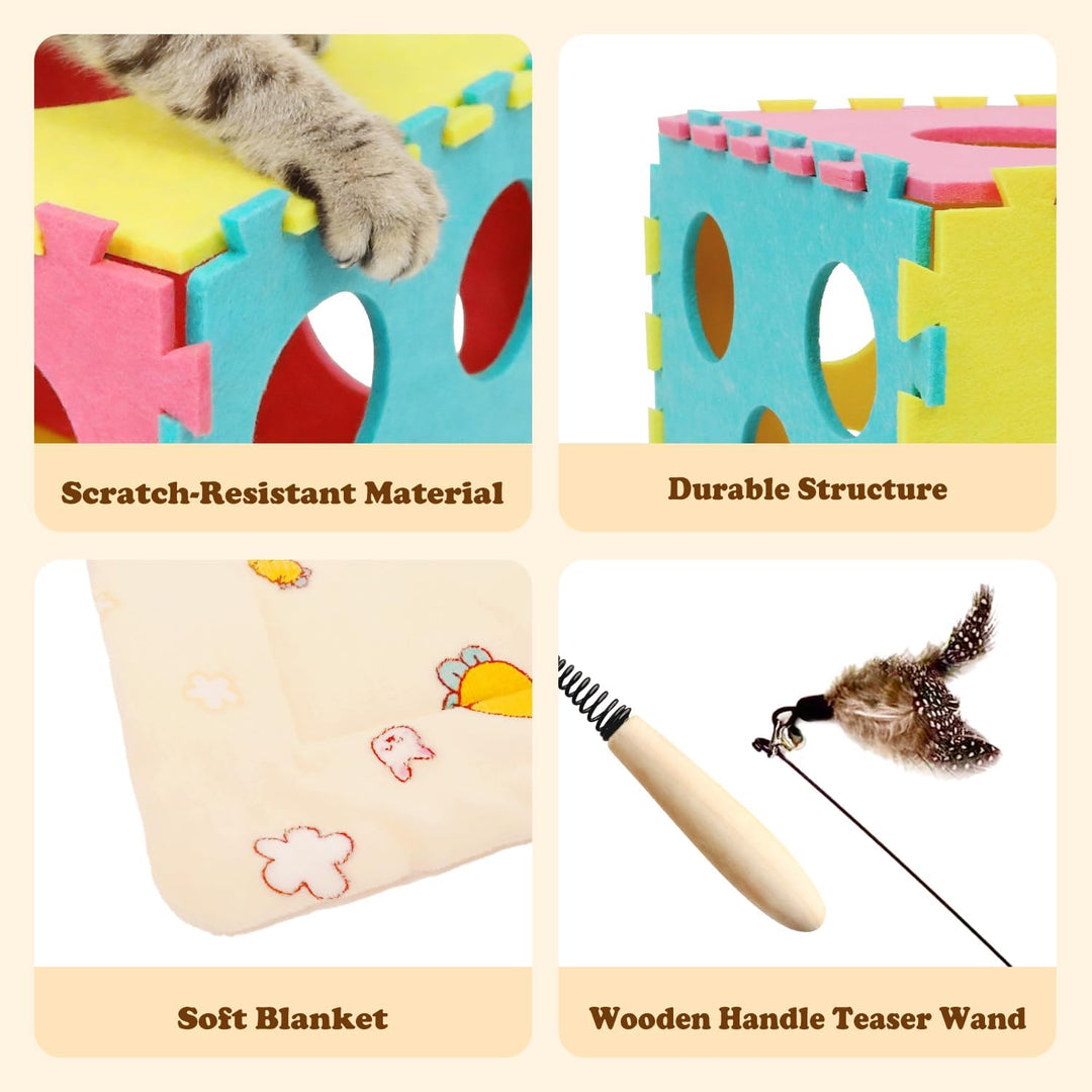 XIAPIA Katzenspielzeug Set mit Spieltunnel und Katzenhöhle, 7-teilig | Interaktives Katzen Zubehör S