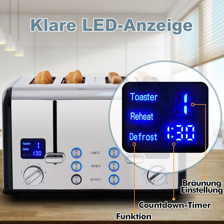 Toaster 4 Scheiben, CUSIMAX Toaster Edelstahl mit LED-Anzeige, 4 extra breite schlitze toaster schwa
