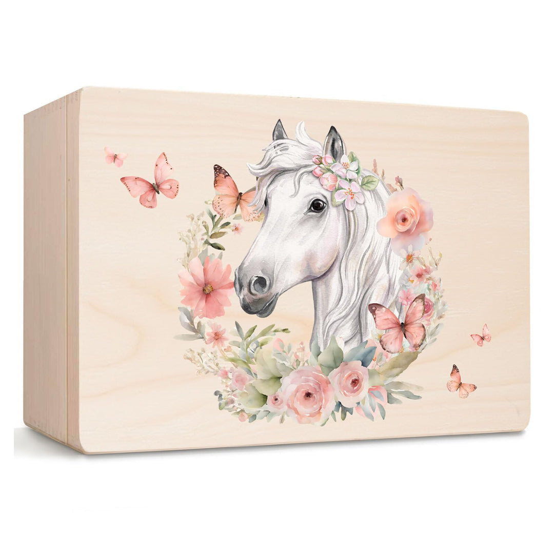 Little Deco Baby Erinnerungsbox Holzkiste mit Pferd & Blumenkranz | L - 40 x 30 x 22 cm | Ideal zur