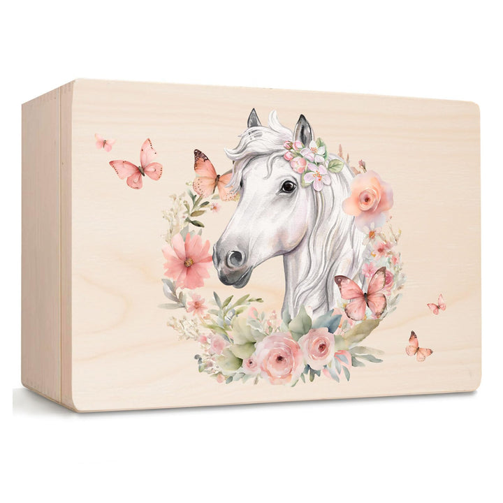Little Deco Baby Erinnerungsbox Holzkiste mit Pferd & Blumenkranz | L - 40 x 30 x 22 cm | Ideal zur