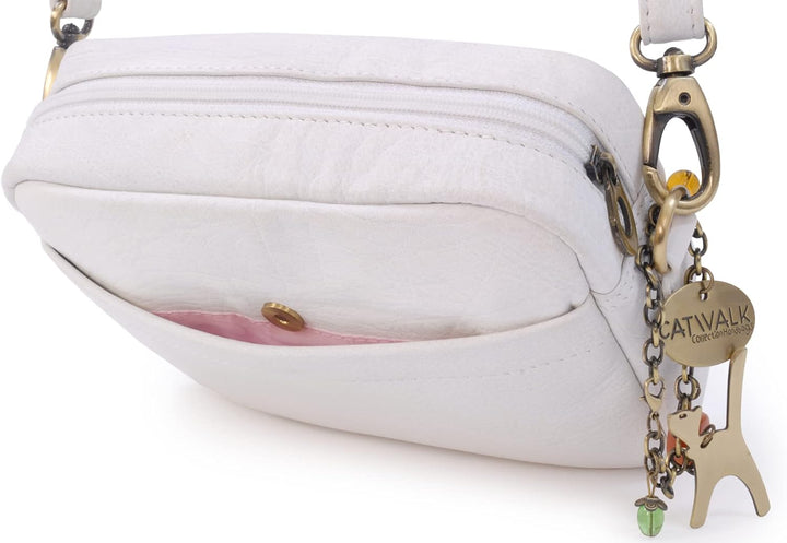 Catwalk Collection Handbags - Leder - Klein Umhängetasche Messenger/Schultertasche - POLLY Weiss, We