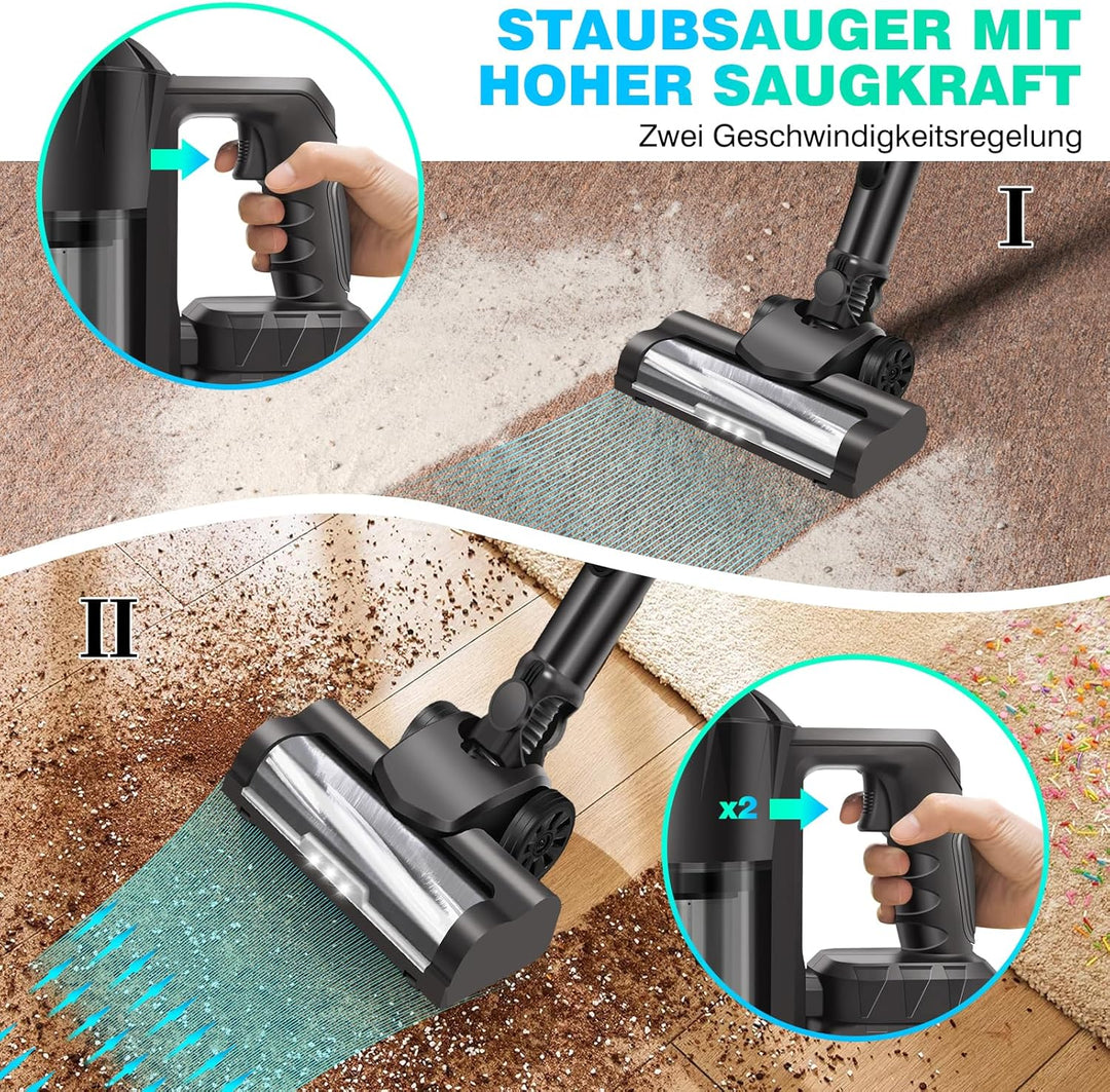 Akku Staubsauger，35000Pa/450W Staubsauger Kabellos，Kabellos Freistehend mit 2*3000mAh Herausnehmbare