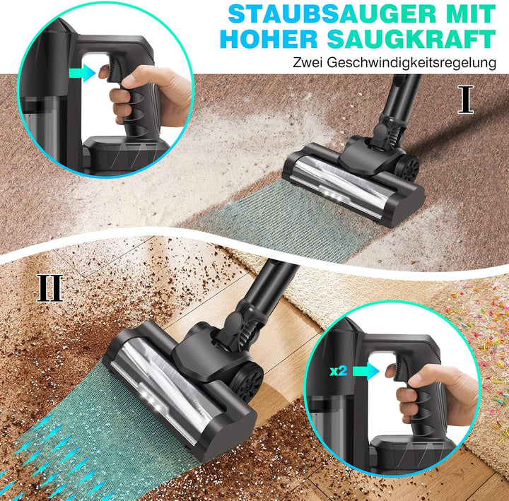 21V, Kabelloser Staubsauger 140W/20KPa Vacuum Cleaner Handstaubsauger Akku, 2 Saugmodi, LED Bodenbür