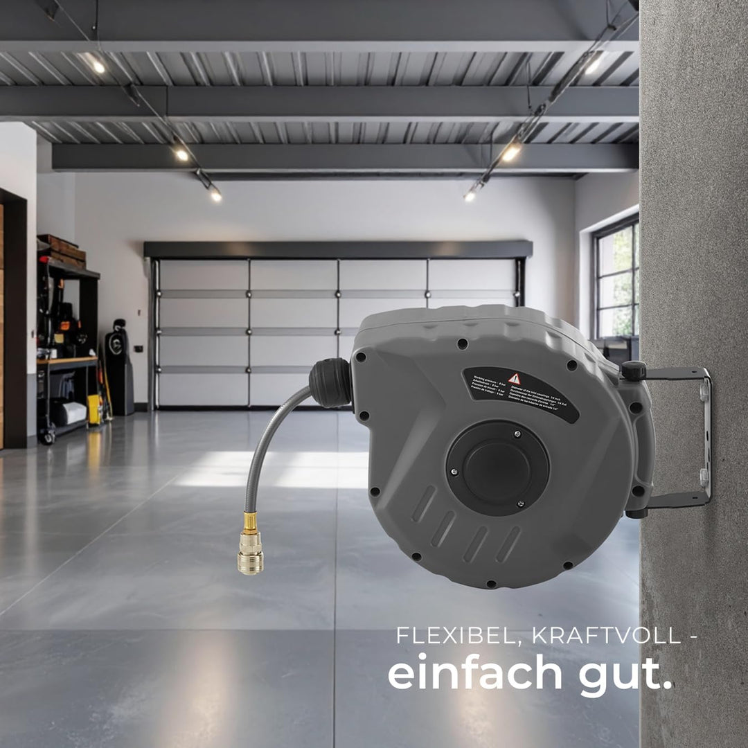 tectake 800801 Druckluftschlauch Aufroller mit ¼ Zoll Schnellkupplung, Aufroll-Automatik mit Schlauc