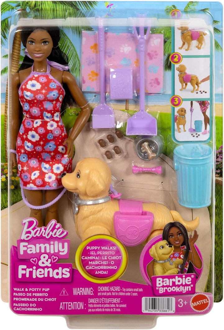 Barbie Hundespaziergang Spielset, enthält einen Spielzeughund, der gehen und Häufchen Brooklyn-Puppe
