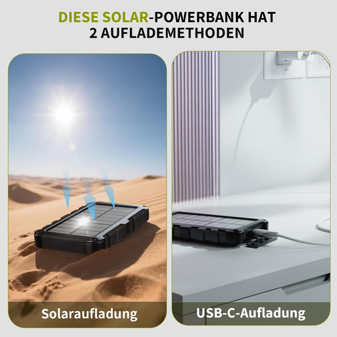 Solar Powerbank 10000mAh PD 22.5W Tragbares Solar Ladegerät USB C Outdoor Wasserdicht Externer Akku