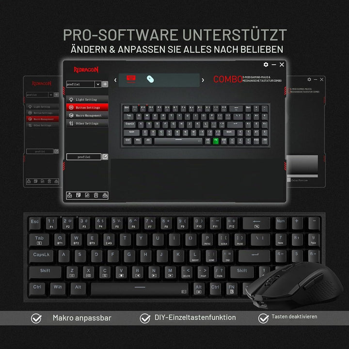 Redragon BS136 Gaming-Tastatur- und -Maus-Kombination, 75% K628 Tri-Mode-kabellose mechanische RGB-T