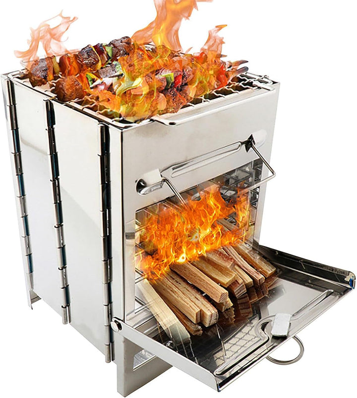 PEARL Campingkocher: 4er-Set Camping-Holzöfen aus Edelstahl, faltbar, inkl. Transporttasche (Camping