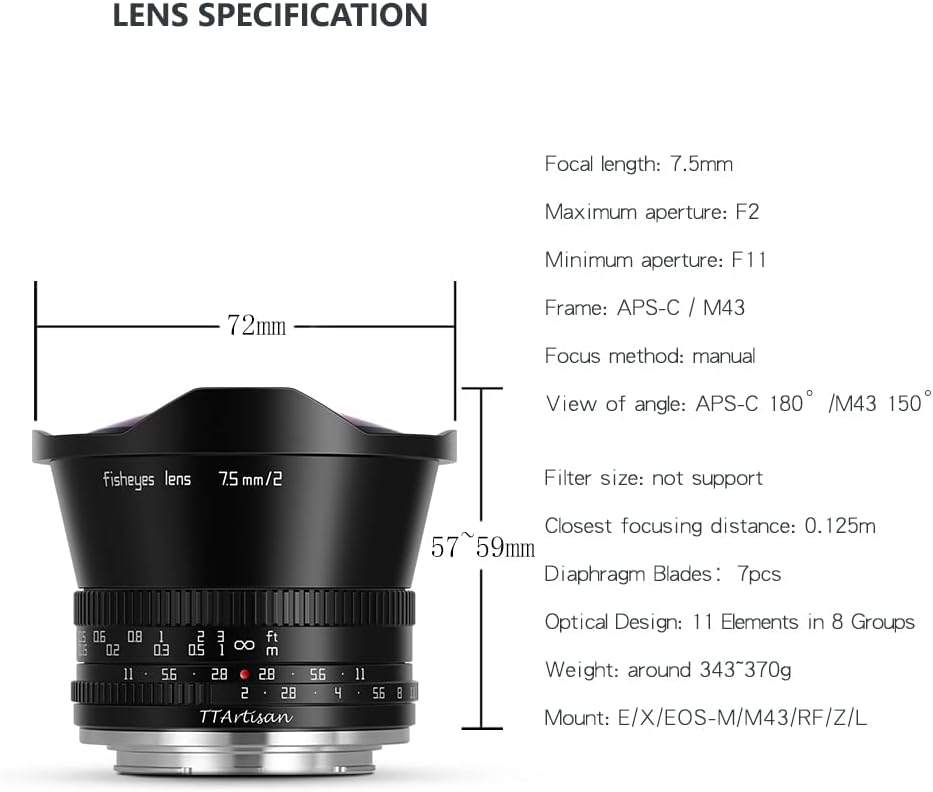 TT Artisan 7.5mm F2.0 APS-C Fisheye Objektiv Anschluss MFT Mount Black Ultra-Weitwinkelobjektiv mit