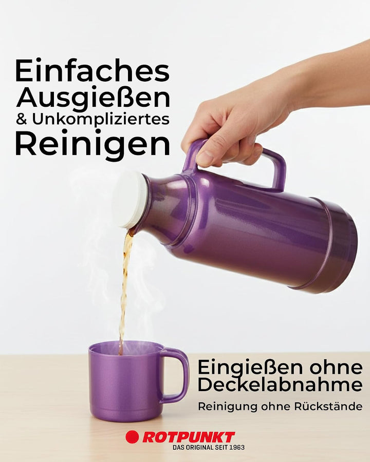 ROTPUNKT Isolierflasche 1 Liter mit integriertem Becher - Hochwertige Isolierkanne Made in Germany I