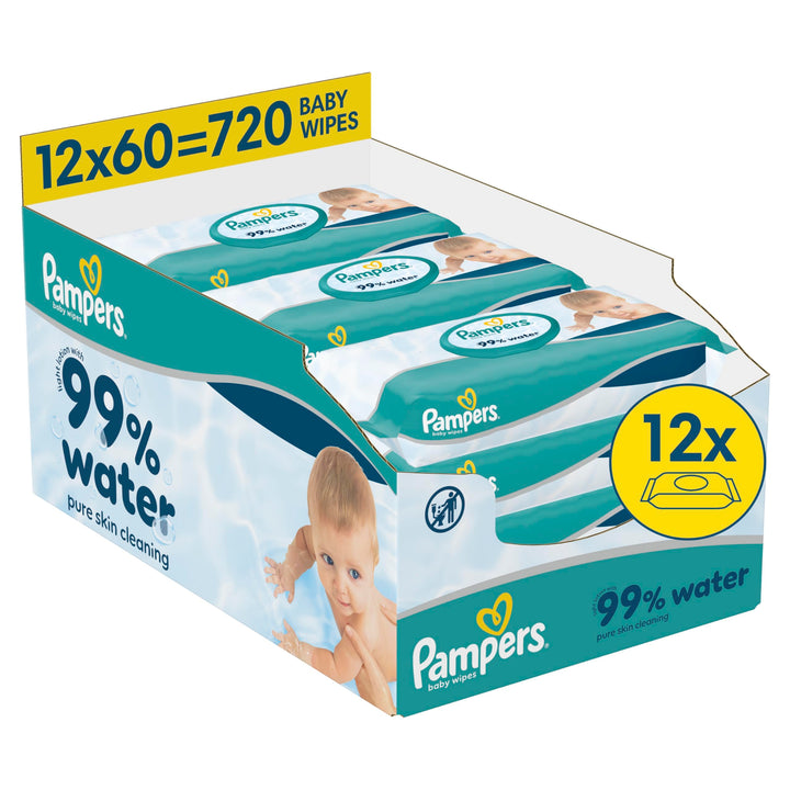 Pampers 99% Water Baby-Feuchttücher, 12 Packungen mit je 60 Feuchttüchern = 720 Baby-Feuchttücher, l