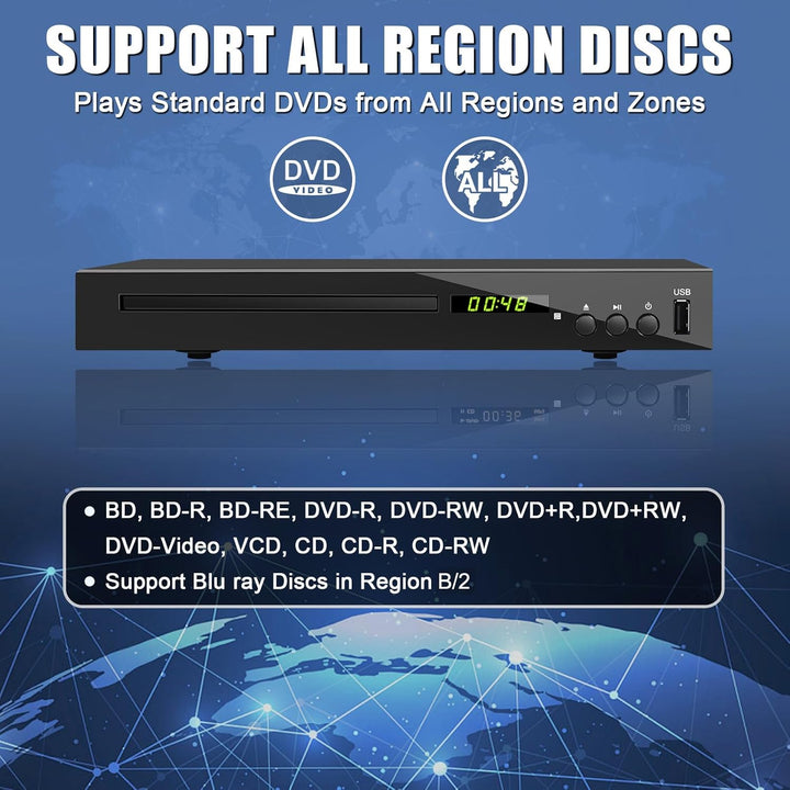 Blu-ray Player für TV, Kompakt Blu-ray-Disc-Player 1080P DVD-Player mit HDMI-Ausgang, AV-Ausgang, Ko