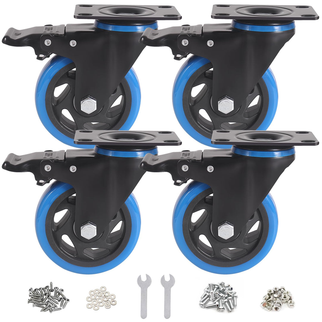 BAOLIHUI 100mm Blau Schwerlastrollen - 4er Set Lenkrollen mit Bremsen bis 600KG inkl. Montagezubehör