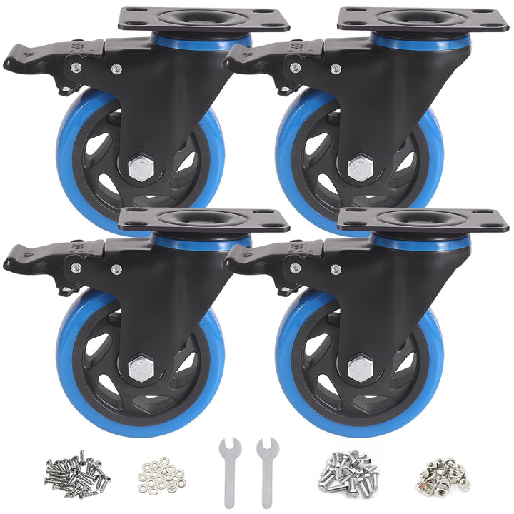 BAOLIHUI 100mm Blau Schwerlastrollen - 4er Set Lenkrollen mit Bremsen bis 600KG inkl. Montagezubehör