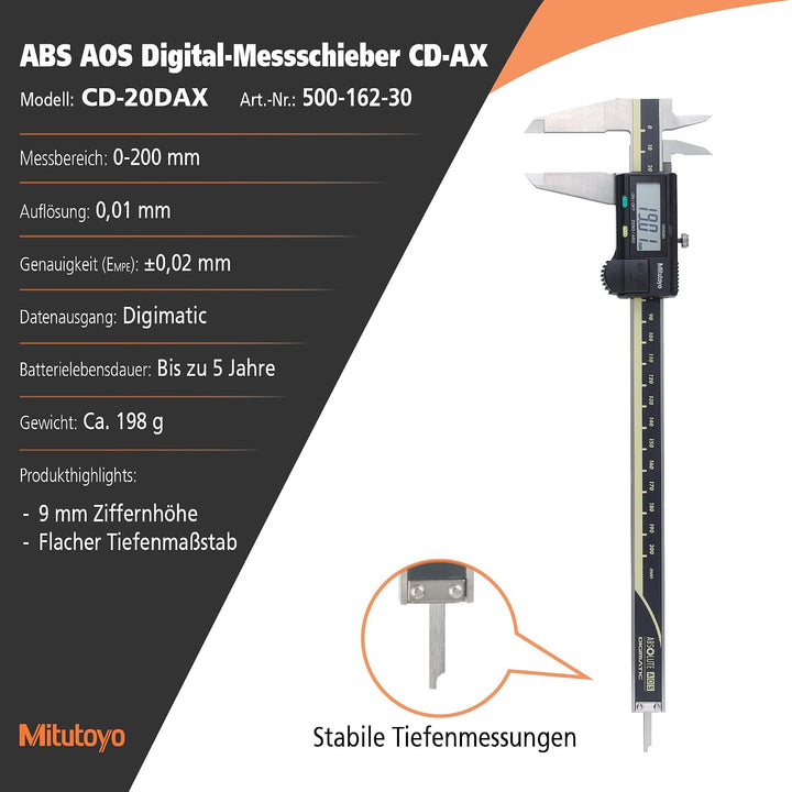MITUTOYO Digital Messschieber mit Datenausgang DIN 862, ohne Antriebsrolle, Messbereich 0-200 mm, 1