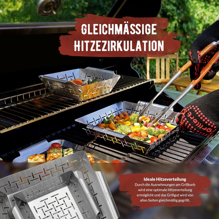 grillart® Premium Grillkorb + XL Grillkorb Edelstahl, Fisch Grillkorb und Grillschale verwendbar – u