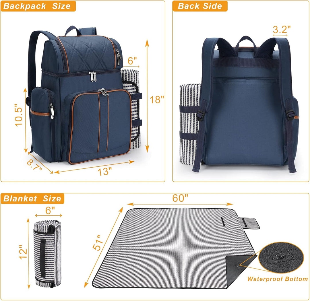 Picknick-Rucksack für 4 Personen, Picknickkorb-Set, auslaufsichere Picknicktasche, Strandkühlrucksac
