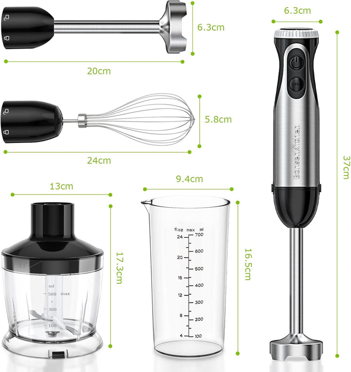 Bonsenkitchen Pürierstab, 4-en-1 Stabmixer Elektrischer, 1000W Stufenlos Geschwindigkeiten Püriersta