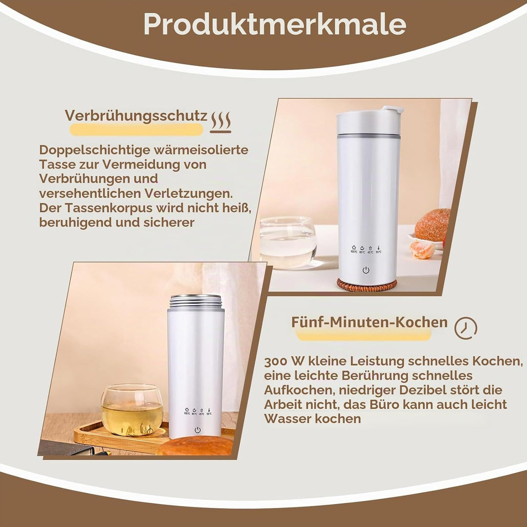Tragbare Elektrische Wasserkocher 380ml, 4 Temp.-Stufen, Mini Reise-Kanne Edelstahl-Innenbehälter fü