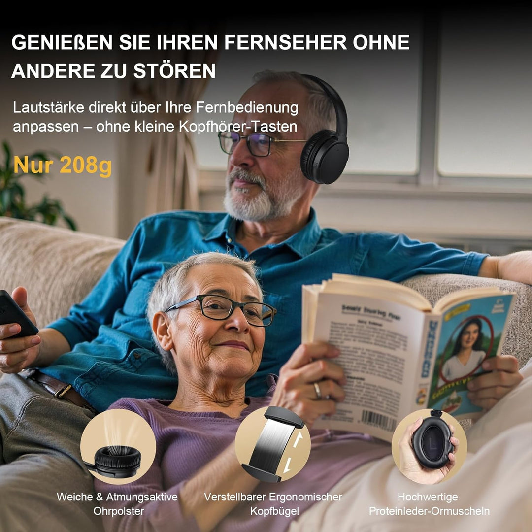 Kabellose TV-Kopfhörer für Senioren, AptX Low Latency, Ein-Knopf-Design Over-Ear TV Headset mit USB-